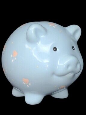 Vintage Russ Berrie Baby Blue Piggy Bank With Pink Heart Design